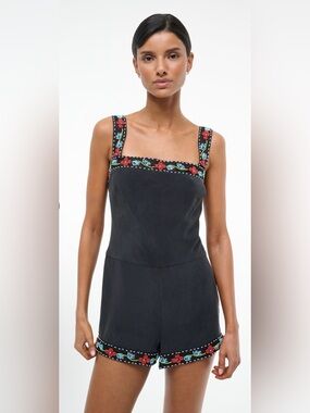 STAUD Veronica Silk Romper in Black. Size M.